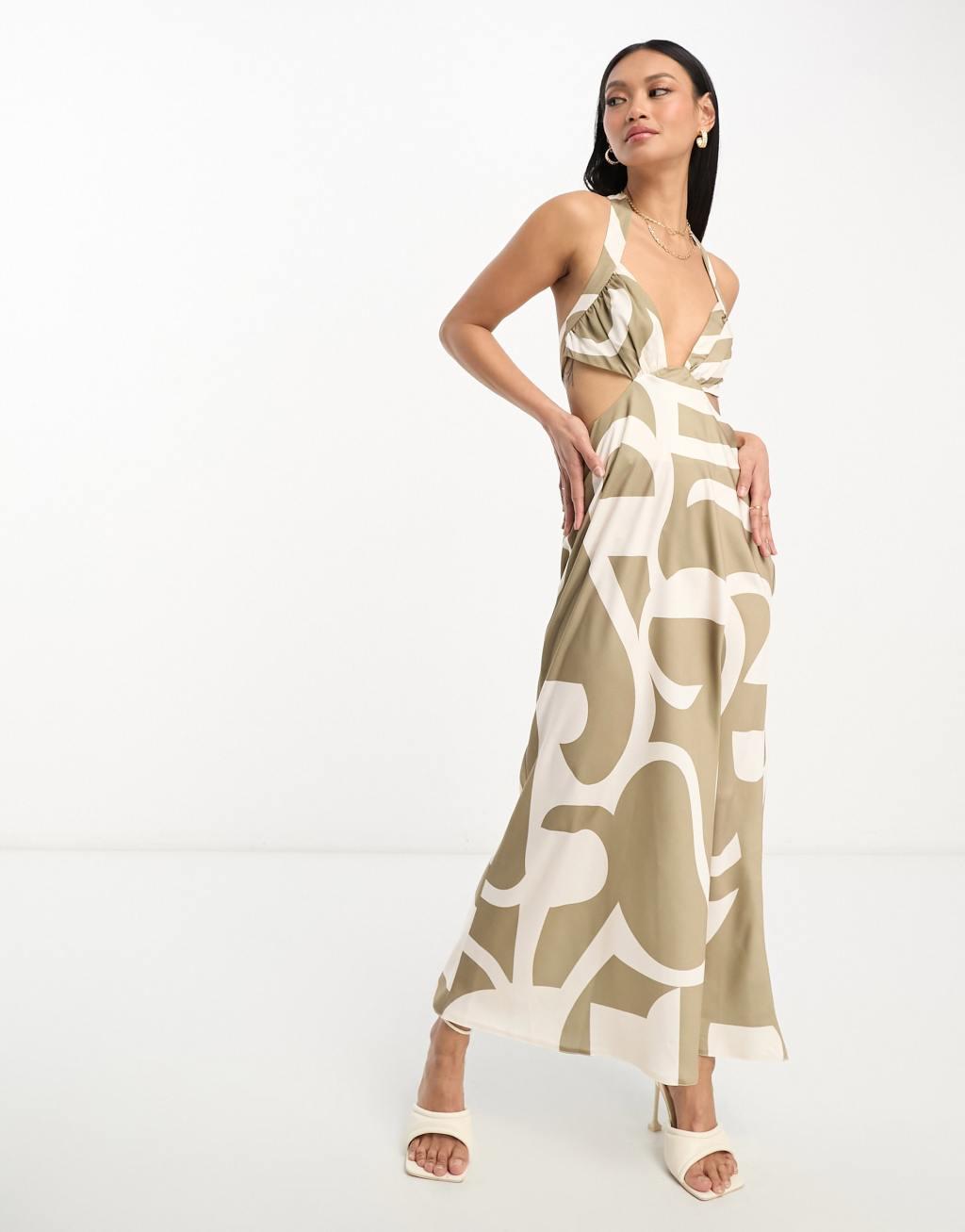 ASOS DESIGN satin halter plunge bust midi dress with cut out waist detail Product Image