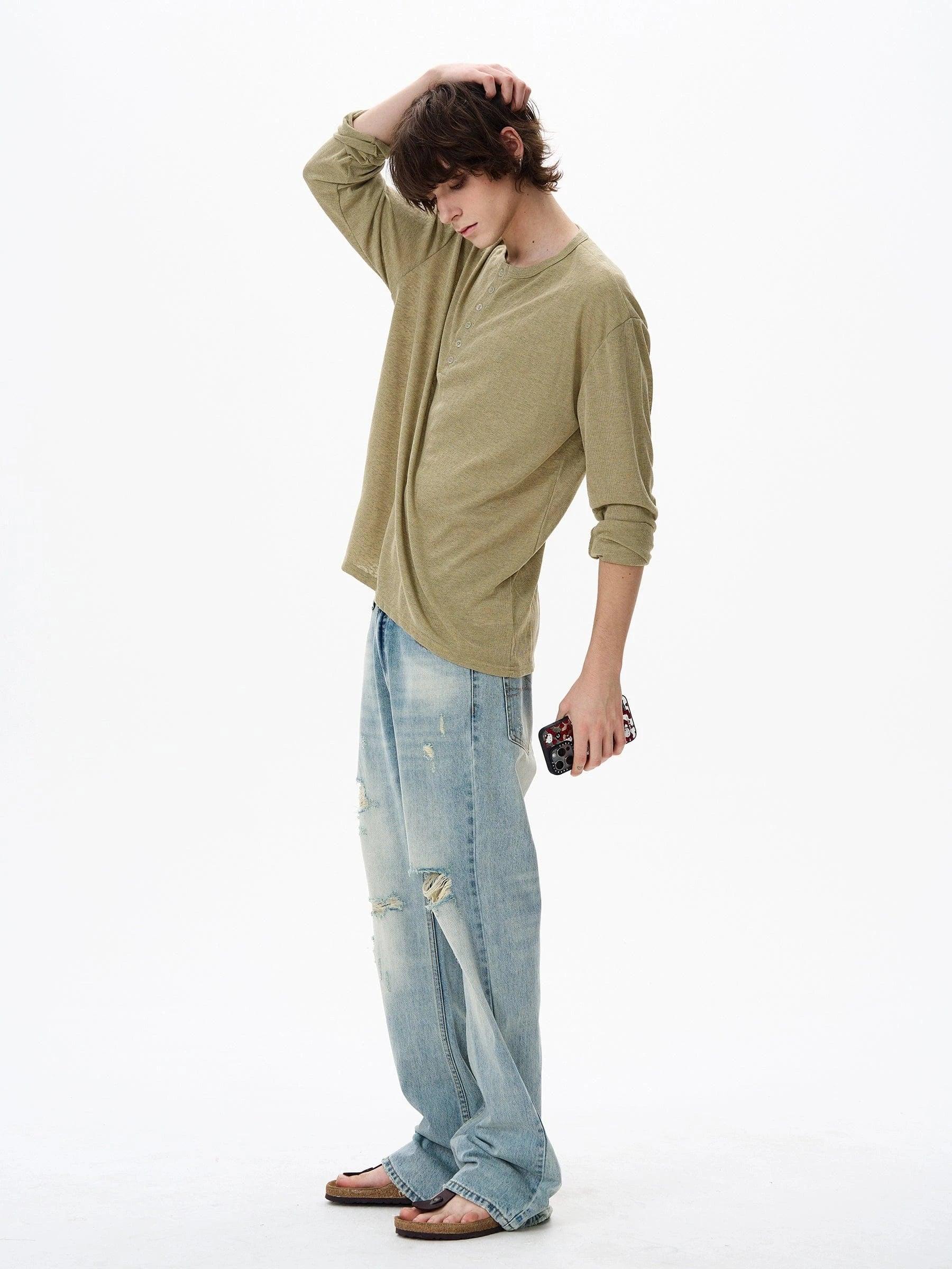 RT No. 18138 BLUE DISTRESSED DENIM STRAIGHT JEANS Product Image