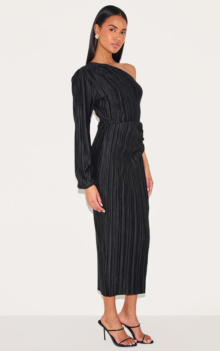 Black Plisse One Shoulder Ruched Midaxi Dress Product Image