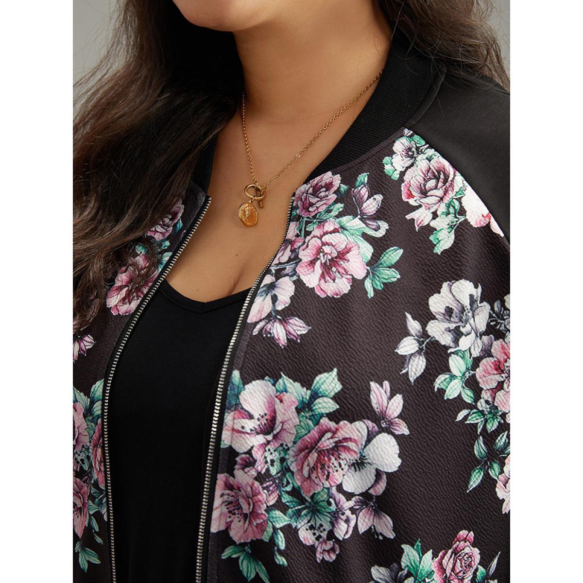 Plus Size Floral Patchwork Zipper Pocket Jacket Women BlackFlower Elastic cuffs Pocket Everyday Jackets BloomChic 18-20/2X Product Image