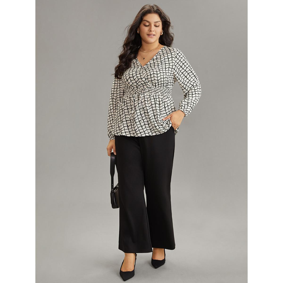 Plus Size White Plaid Lace Up Overlap Collar Shirred Blouse Women Office Long Sleeve Overlap Collar Work Blouses BloomChic 28/5X Product Image