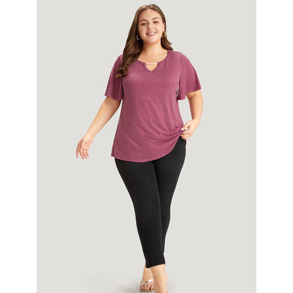 Plus Size Plain Keyhole Pearl Beaded Flutter Sleeve T-shirt RedViolet Women Elegant Cut-Out Plain Round Neck Dailywear T-shirts BloomChic 18-20/2X Product Image