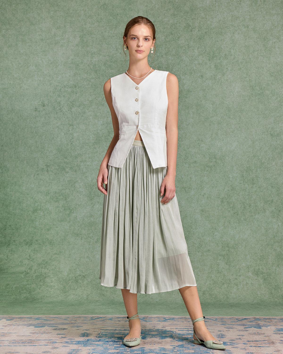 Green Ruched Flowy Pleated Midi Skirt Product Image