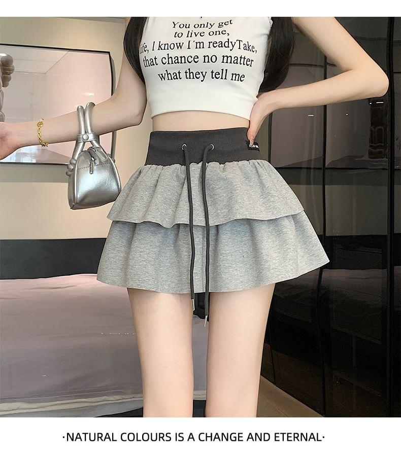Drawstring Waist Applique Tiered Mini A-Line Skirt Product Image