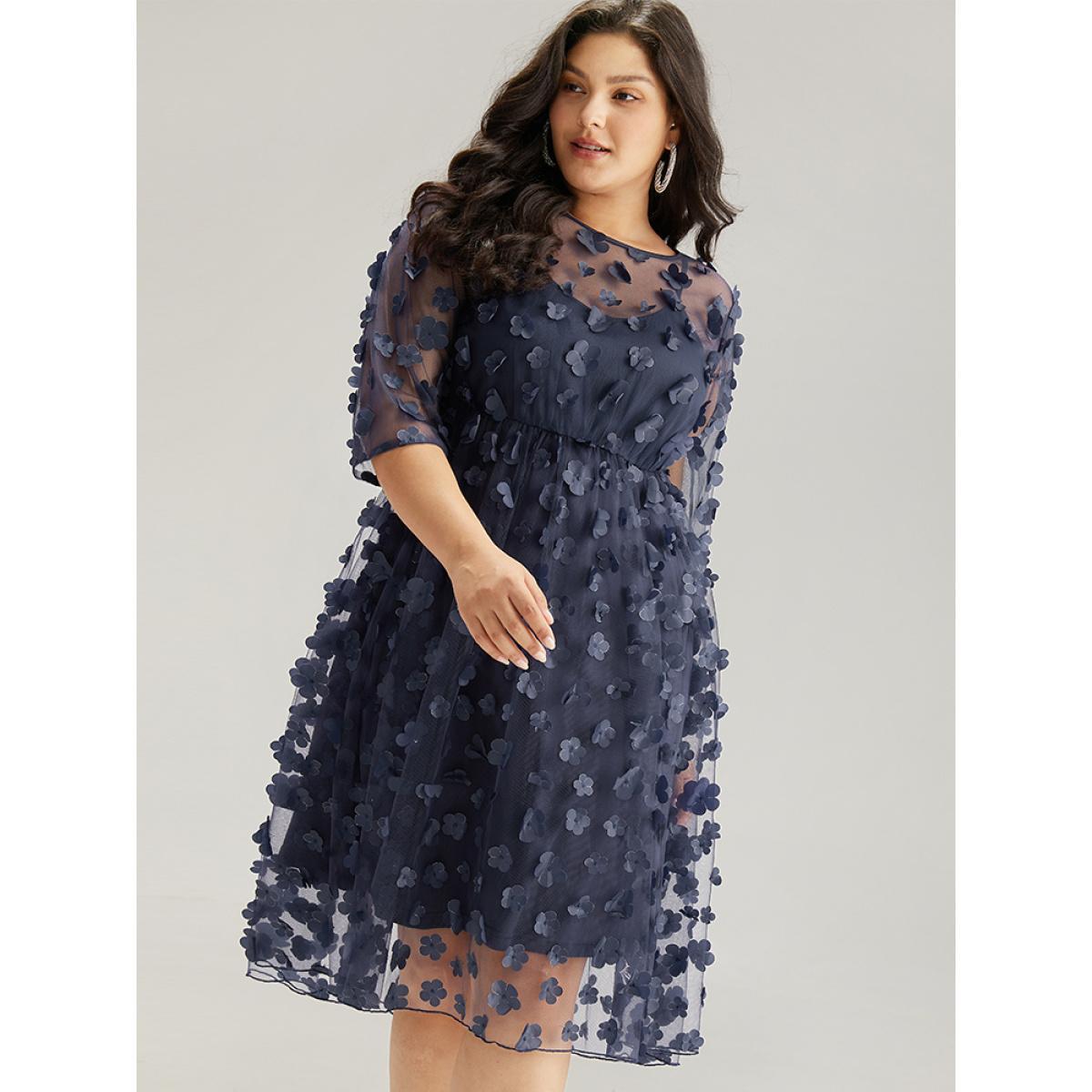 Plus Size Floral Embroidered Mesh Elastic Waist Crew Neck Dress DarkBlue Women Glamour See through Round Neck Elbow-length sleeve Curvy Knee Dress BloomChic 12/L Product Image