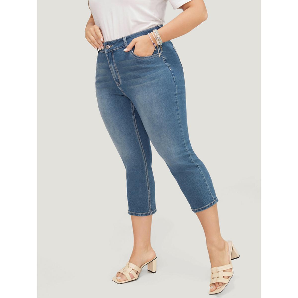 Plus Size Skinny Very Stretchy High Rise Medium Wash Cropped Jeans Women Indigo Casual Plain High stretch Side seam pocket Jeans BloomChic 28/5X Product Image