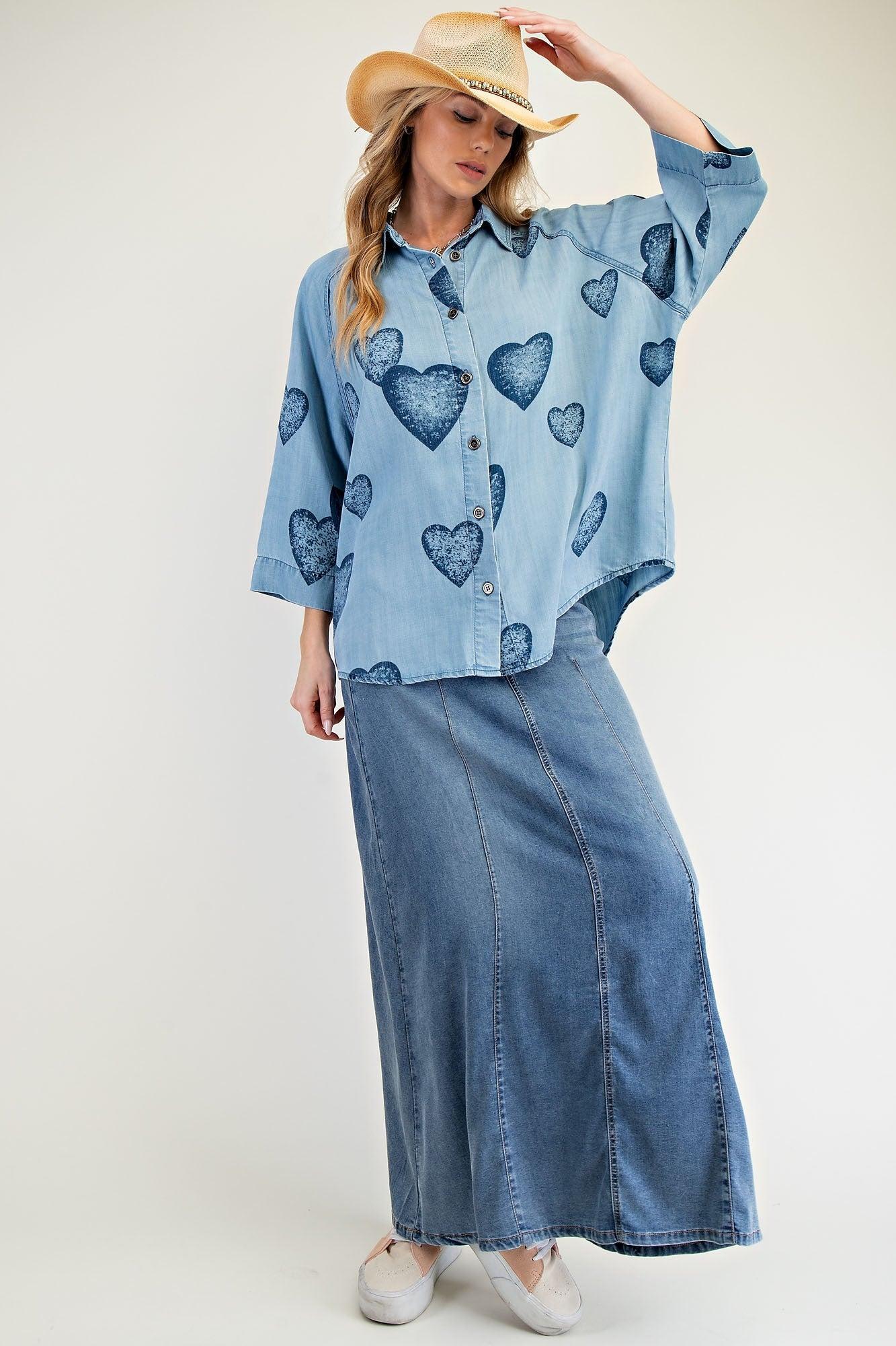 Heart Print Washed Denim Shirt Product Image