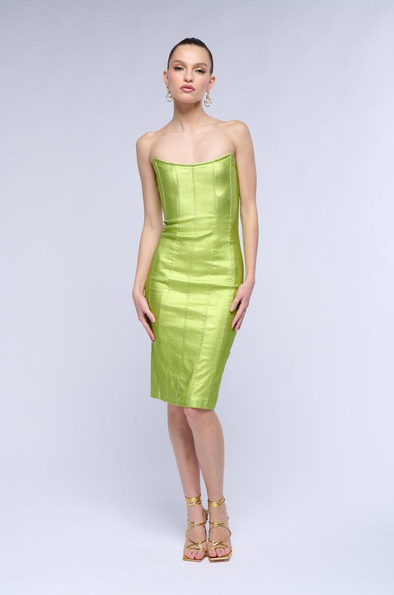 MEET ME IN THE METALLICS MIDI DRESS IN LIME Product Image