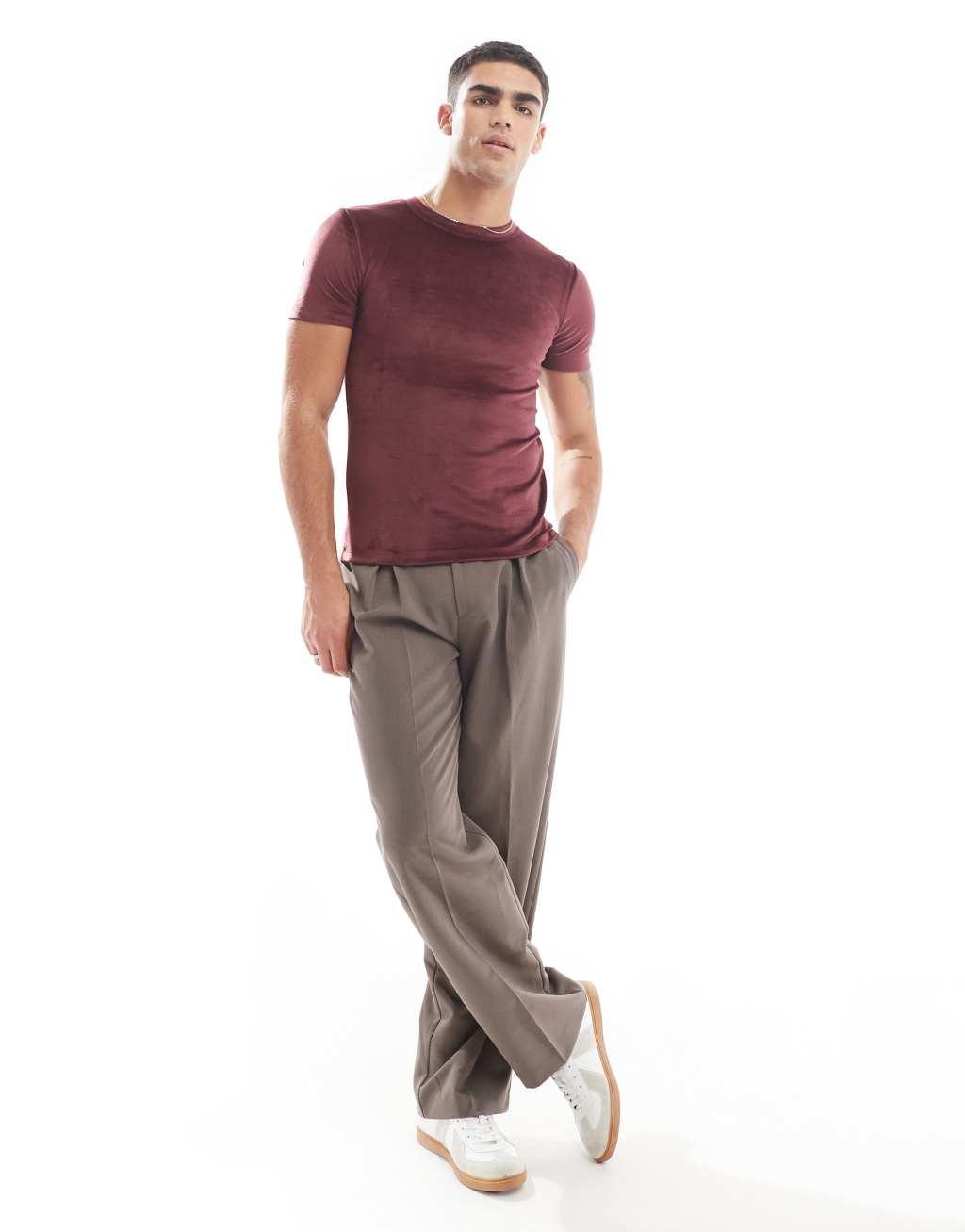 ASOS DESIGN muscle fit t-shirt in burgundy velour Product Image