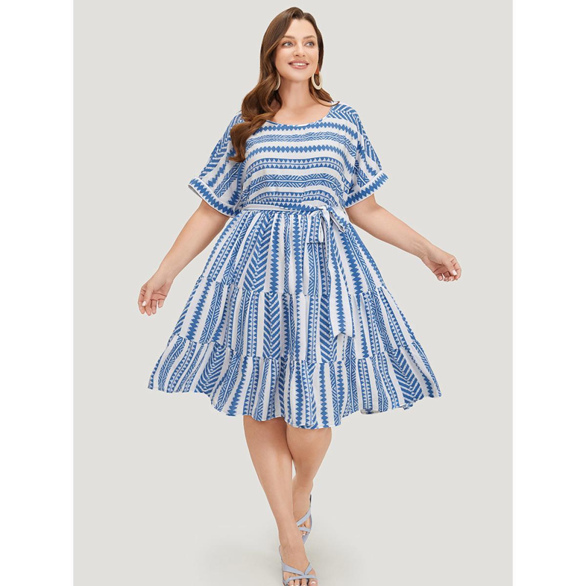 Plus Size Striped Geo Pocket Belt Pocket Layered Hem Dress LightBlue Women Vacation Tiered Round Neck Short sleeve Curvy Knee Dress BloomChic 14-16/1X Product Image