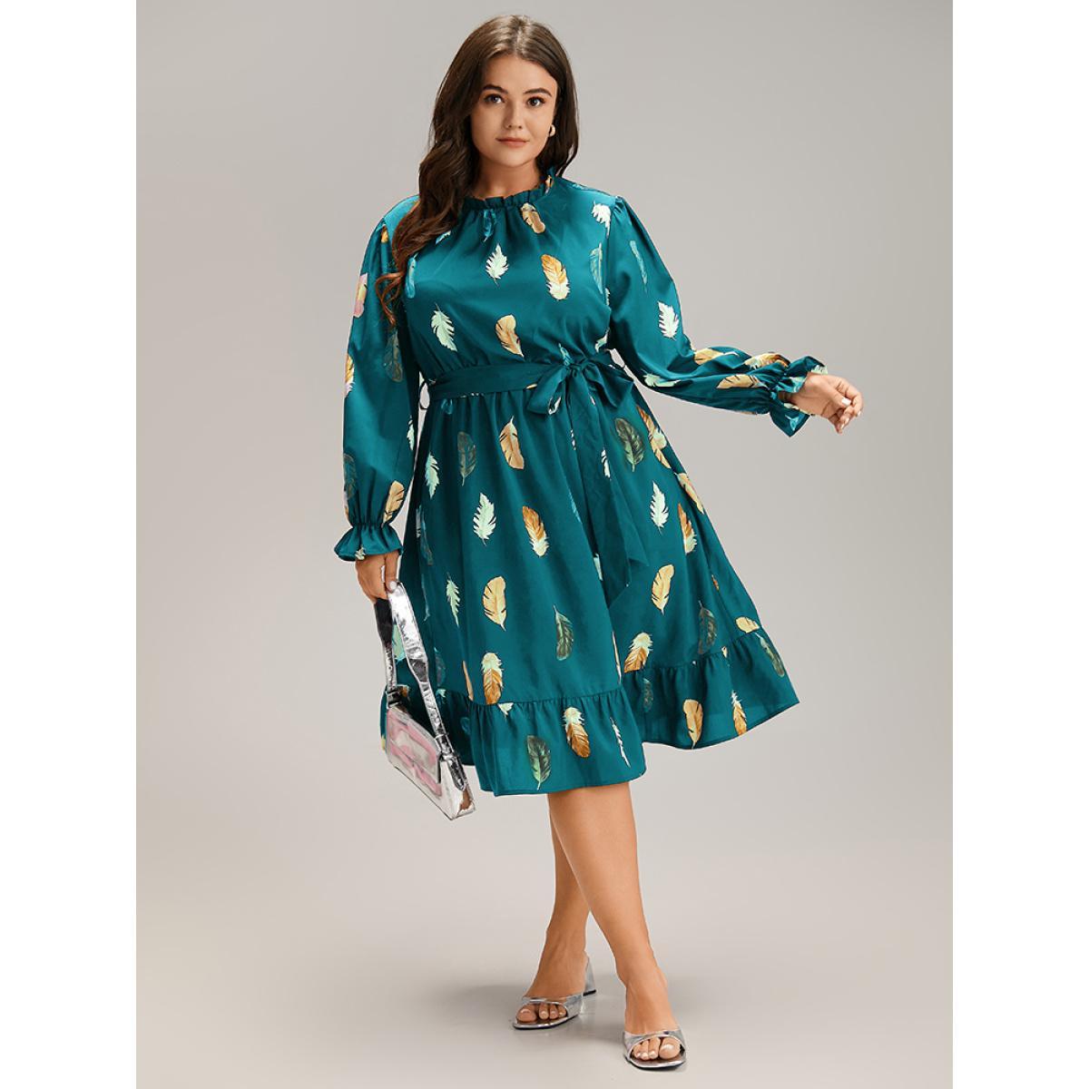 Plus Size Feather Print Frill Trim Belted Ruffle Hem Dress Teal Women At the Office Gathered Stand-up collar Long Sleeve Curvy Knee Dress BloomChic 28/5X Product Image