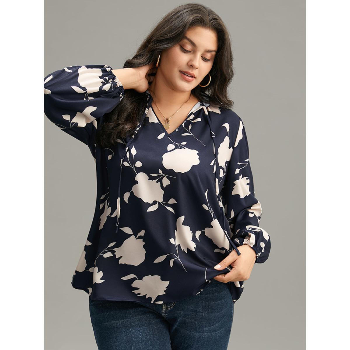 Plus Size Indigo Silhouette Floral Print Stand Collar Tie Neck Blouse Women Elegant Long Sleeve Tie Neck Dailywear Blouses BloomChic 30/6X Product Image