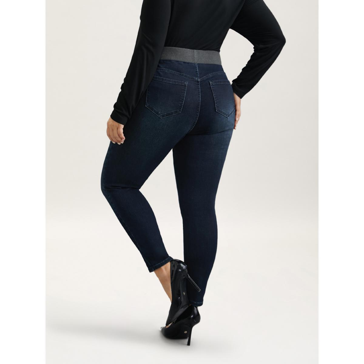 Plus Size Stretchy Whiskered Waist Skinny Knit Jeans Women Darkindigo Elegant Medium stretch Slanted pocket Jeans BloomChic 26/4X Product Image
