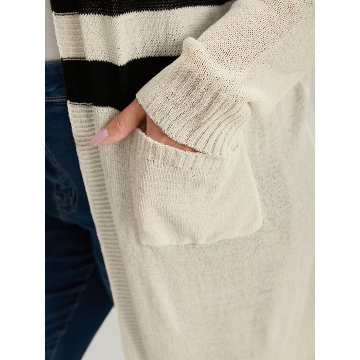 Plus Size Striped Pocket Open Front Cardigan Beige Women Casual Loose Long Sleeve Everyday Cardigans BloomChic 28/5X Product Image