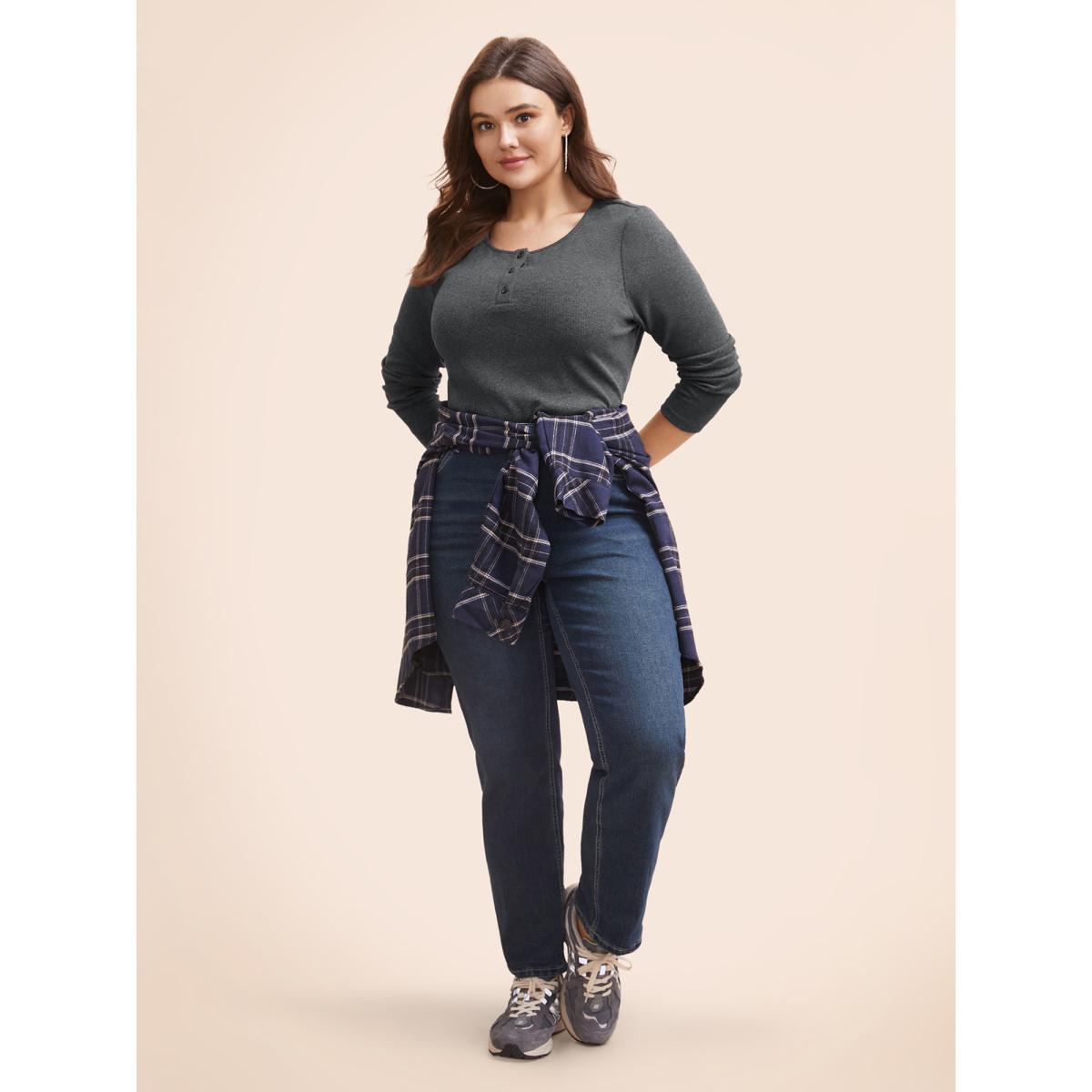 Plus Size Cotton Rib Knit Button Up T-shirt DimGray Women Casual Texture Round Neck Bodycon Everyday T-shirts BloomChic 22-24/3X Product Image