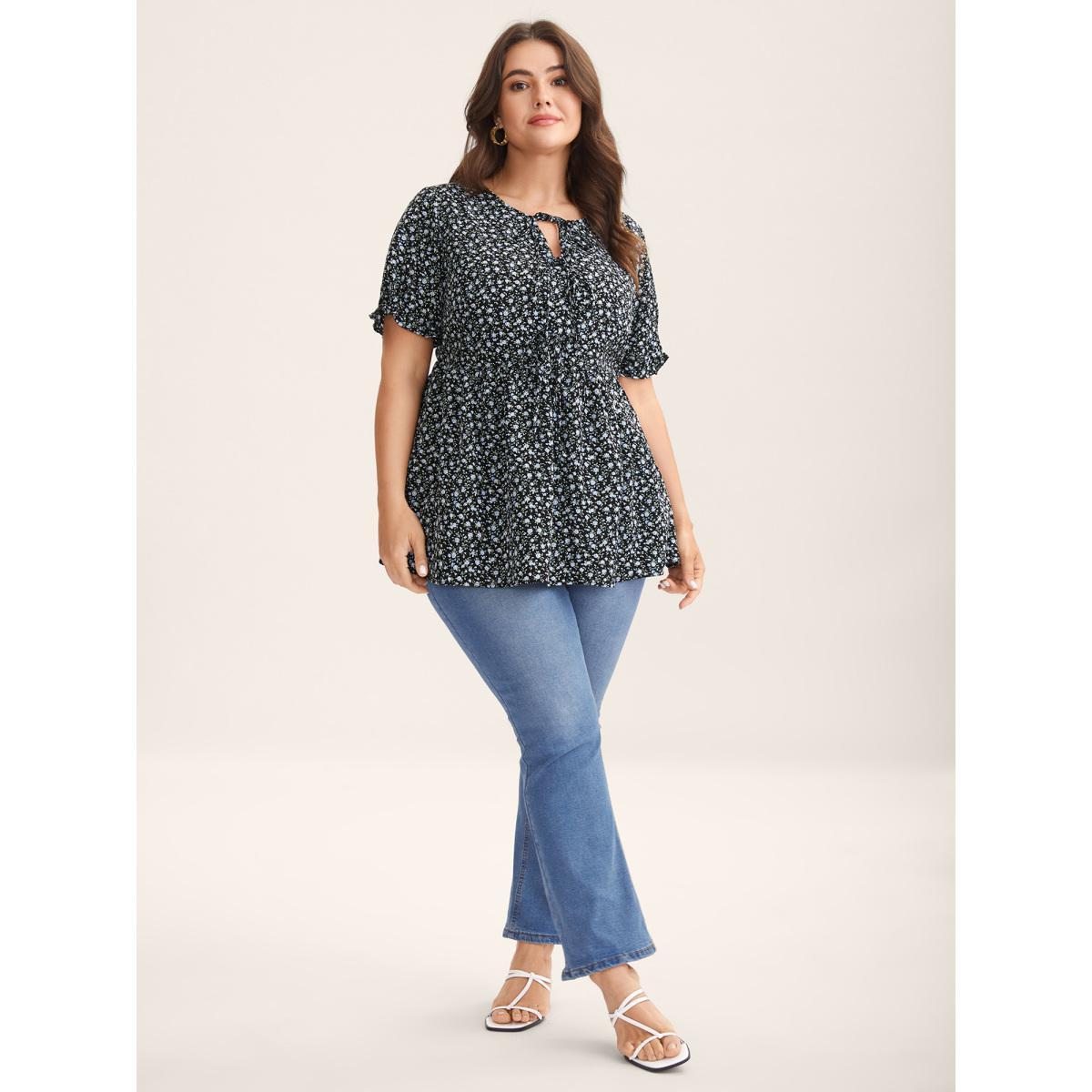 Plus Size Black Ditsy Floral Print Bow-Tie Blouse Women Short sleeve Round Neck Everyday-Elegant Blouses BloomChic 26/4X Product Image