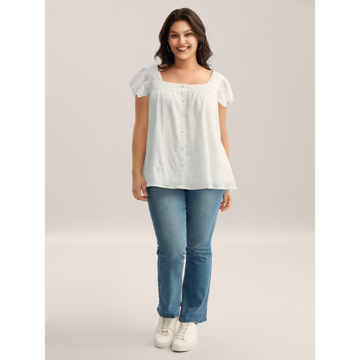 Plus Size Originalwhite Textured Flutter Sleeve Button Detail Blouse Women Cap Sleeve Square Neck Everyday-Casual Blouses BloomChic 26/4X Product Image