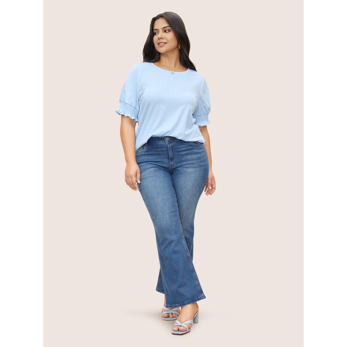 Plus Size Round Neck Solid Shirred Puff Sleeve T-shirt LightBlue Women Elegant Shirred Round Neck Everyday T-shirts BloomChic 28/5X Product Image