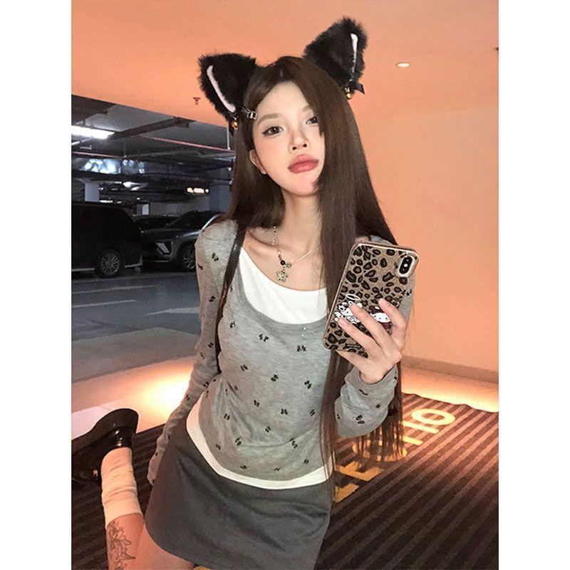 Long Sleeve Scoop Neck Patterned Print Mock Two Piece Tee Product Image
