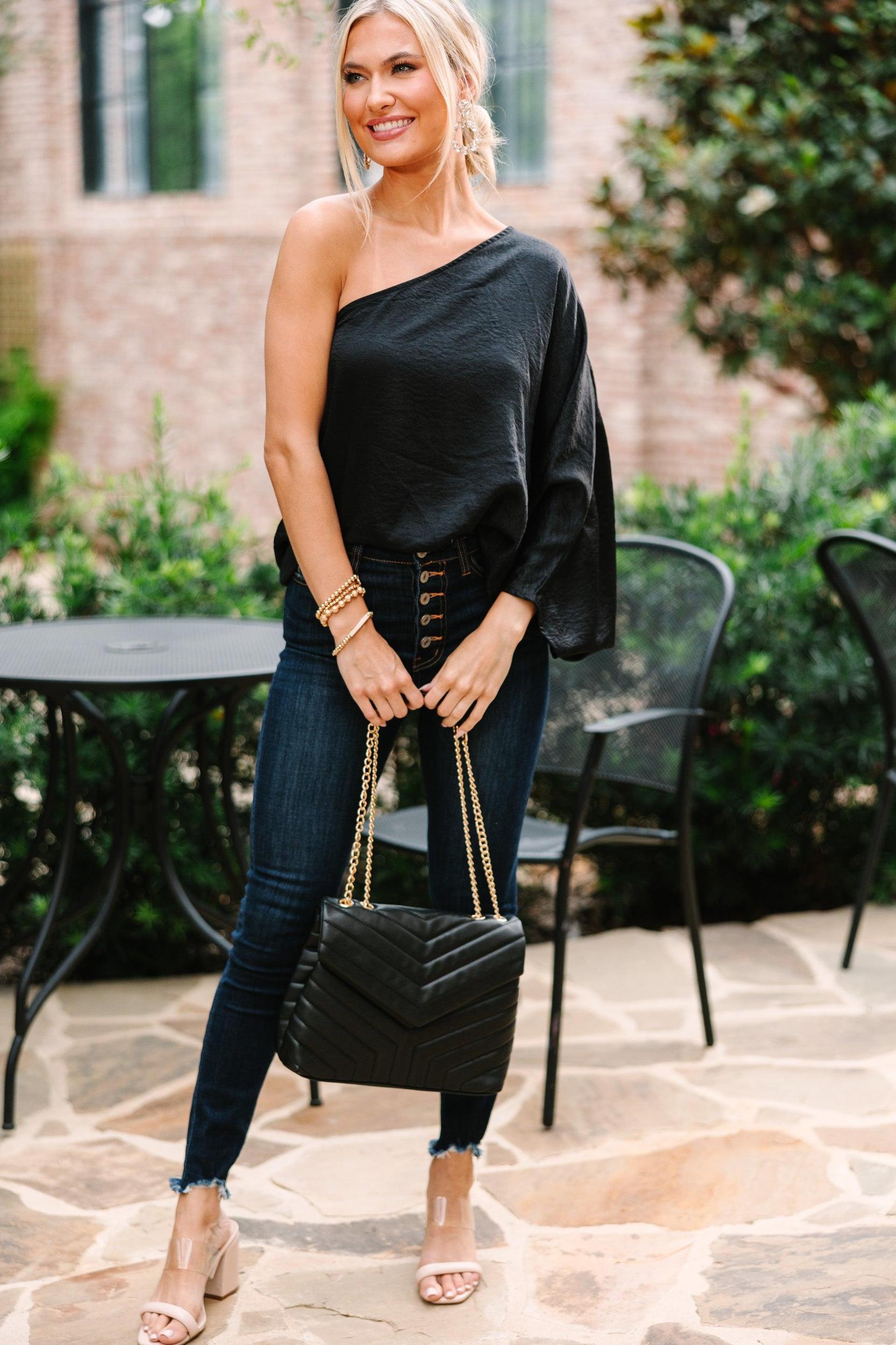 Go Where You Choose Black One Shoulder Top Female Product Image