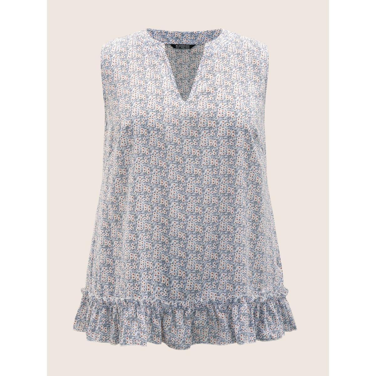 Plus Size Ditsy Floral Patchwork Ruffle Hem Tank Top Women Stone Elegant Frill Trim Notched collar Everyday Tank Tops Camis BloomChic 12/L Product Image