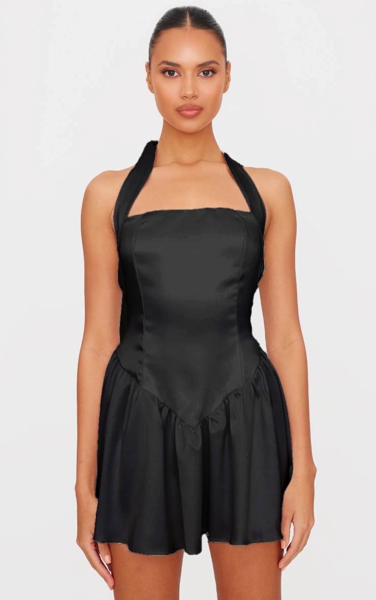  Black Premium Satin Corset Detail Shift Dress Product Image