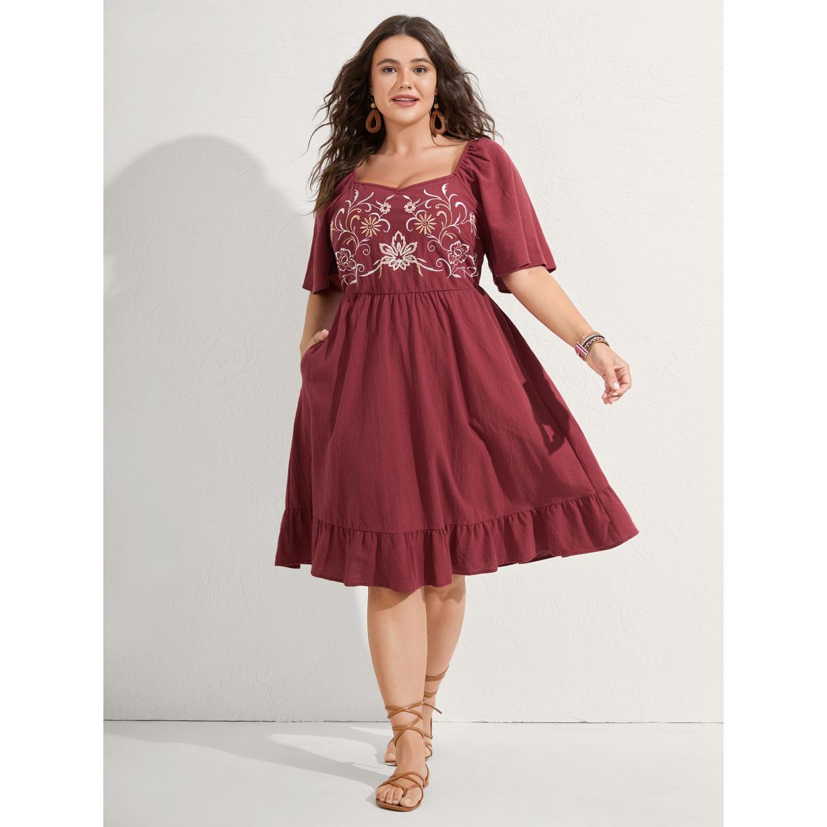 Plus Size Pure Cotton Floral Embroidered Midi Dress Burgundy Women Embroidered Heart neckline Short sleeve Curvy BloomChic 12/L Product Image