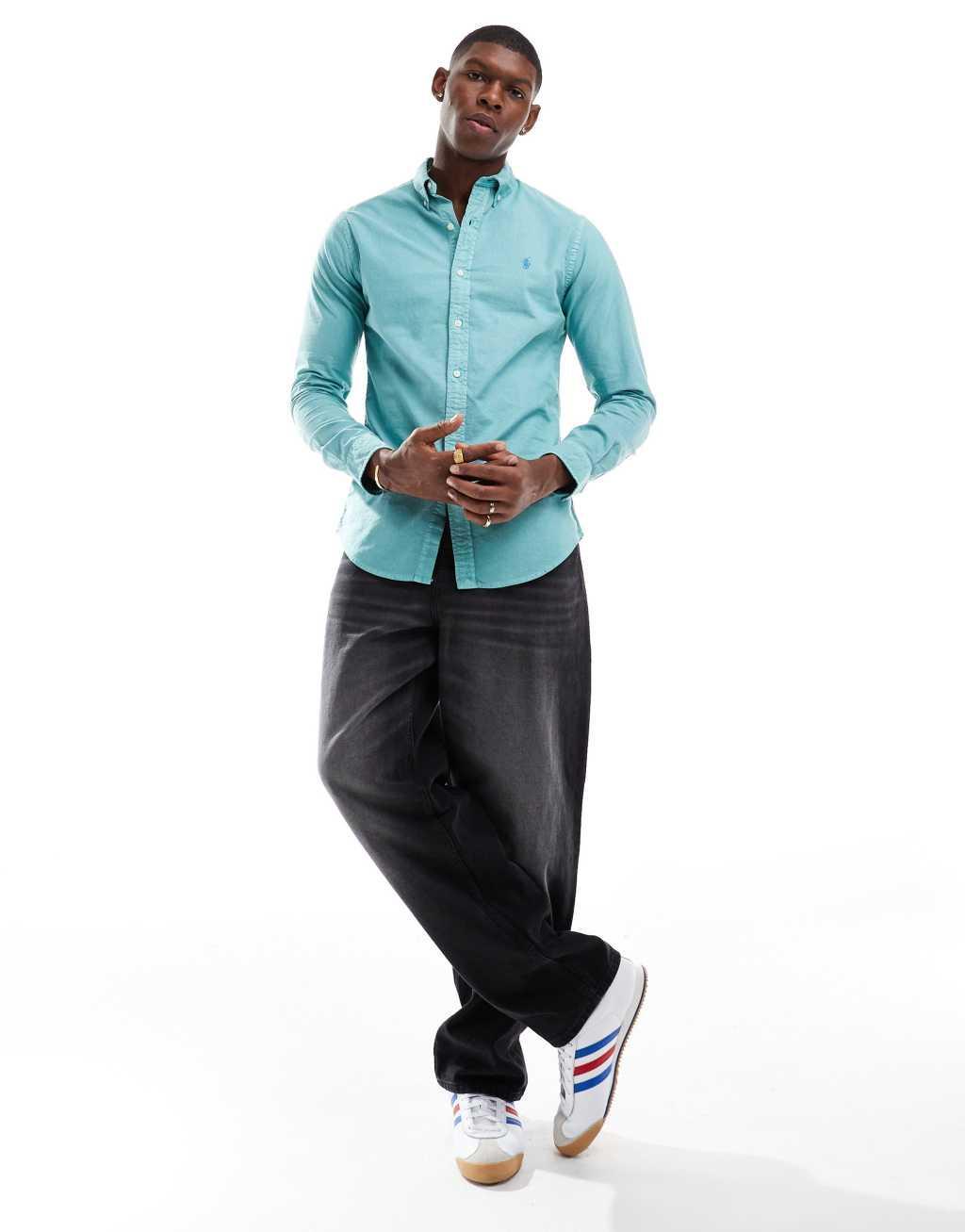 Polo Ralph Lauren icon logo slim fit garment dyed oxford shirt in light green Product Image