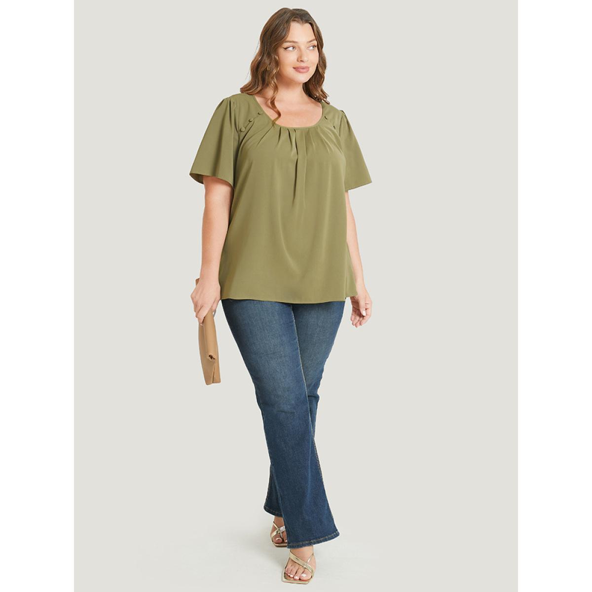Plus Size SpringGreen Solid Pleated Button Detail Blouse Women Office Short sleeve Round Neck Work Blouses BloomChic 26/4X Product Image