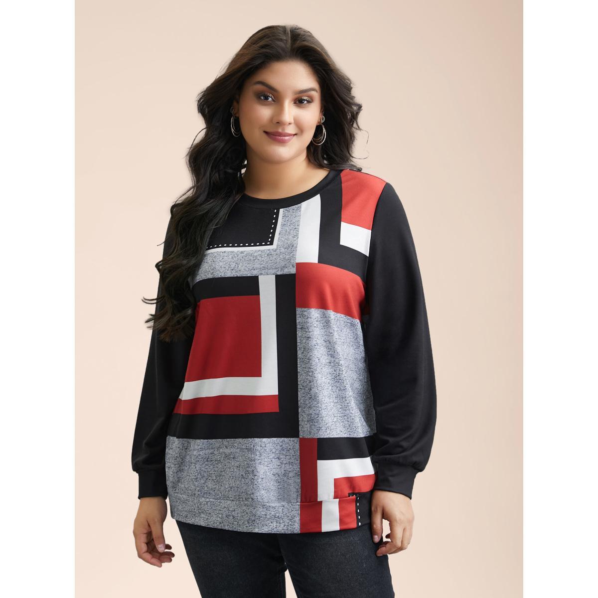 Plus Size Geometric Print Round Neck Fitted Sweatshirt Women Multicolor Casual Contrast Round Neck Everyday Sweatshirts BloomChic 22-24/3X Product Image