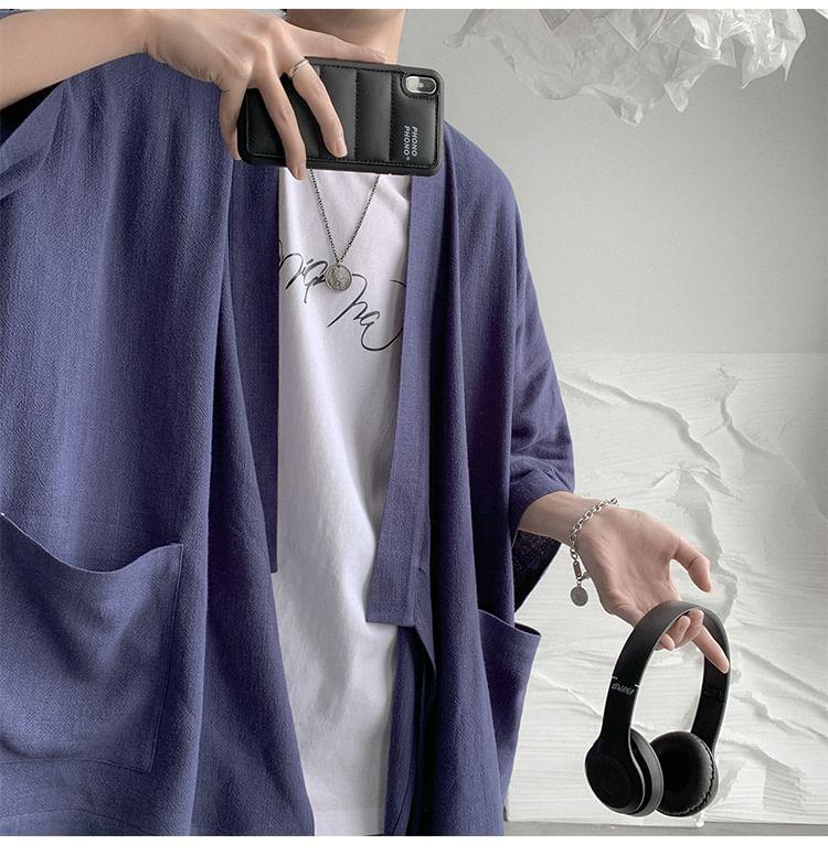 3/4-Sleeve Plain Open Front Kimono Jacket Product Image