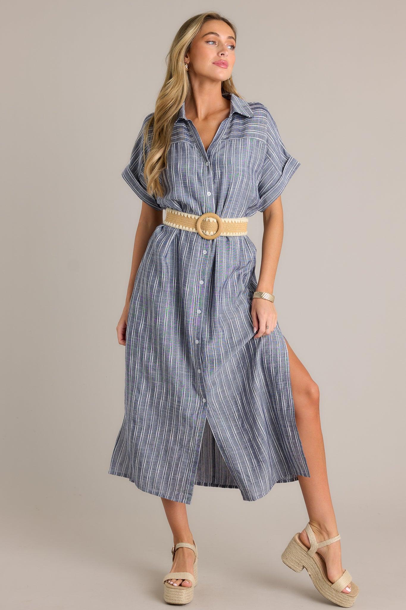 Endless Journey Blue Stripe Midi Shirt Dress Product Image