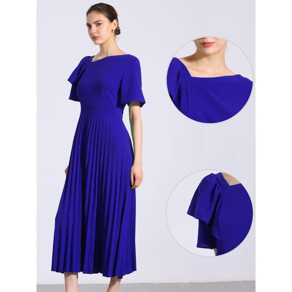 Allegra K Women's Ruffles Short Sleeve Asymmetrical Neck Pleated Hem Midi Dress Product Image