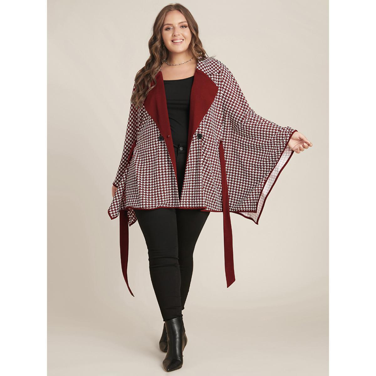 Plus Size Houndstooth Contrast Dolman Sleeve Suit Collar Belted Coat Women Scarlet Elegant Belted Loose Ladies Dailywear Winter Coats BloomChic 28/5X Product Image