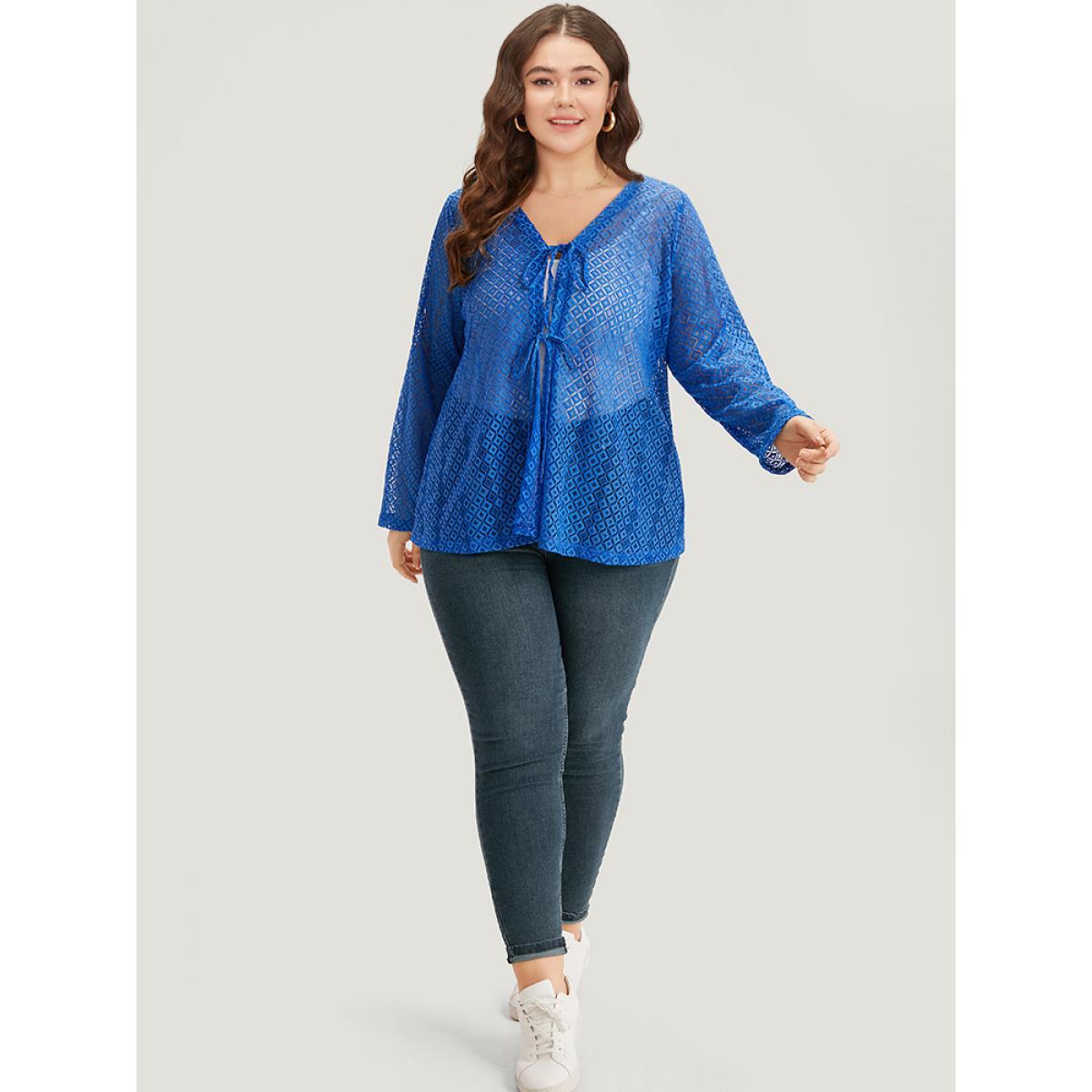 Plus Size Plain Knot Lace Mesh Hollow Out Jacket Women Blue Plain Dailywear Jackets BloomChic 18-20/2X Product Image