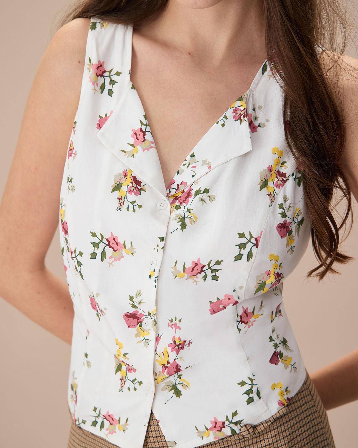 The White V Neck Floral Button Sleeveless Shirt Product Image