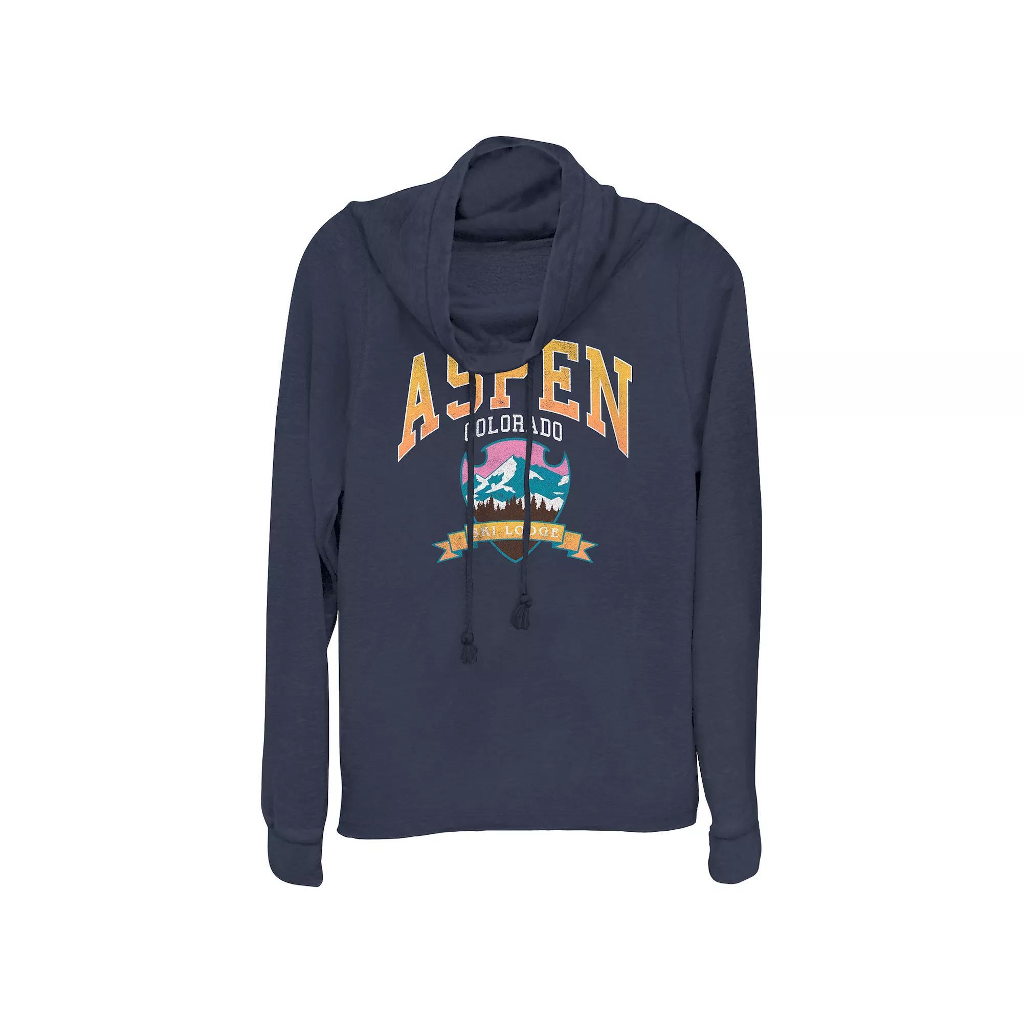 Womens Plus Aspen Colorado Ski Lodge Cowlneck Graphic Lightweight Long Sleeve, Girls Blue Product Image