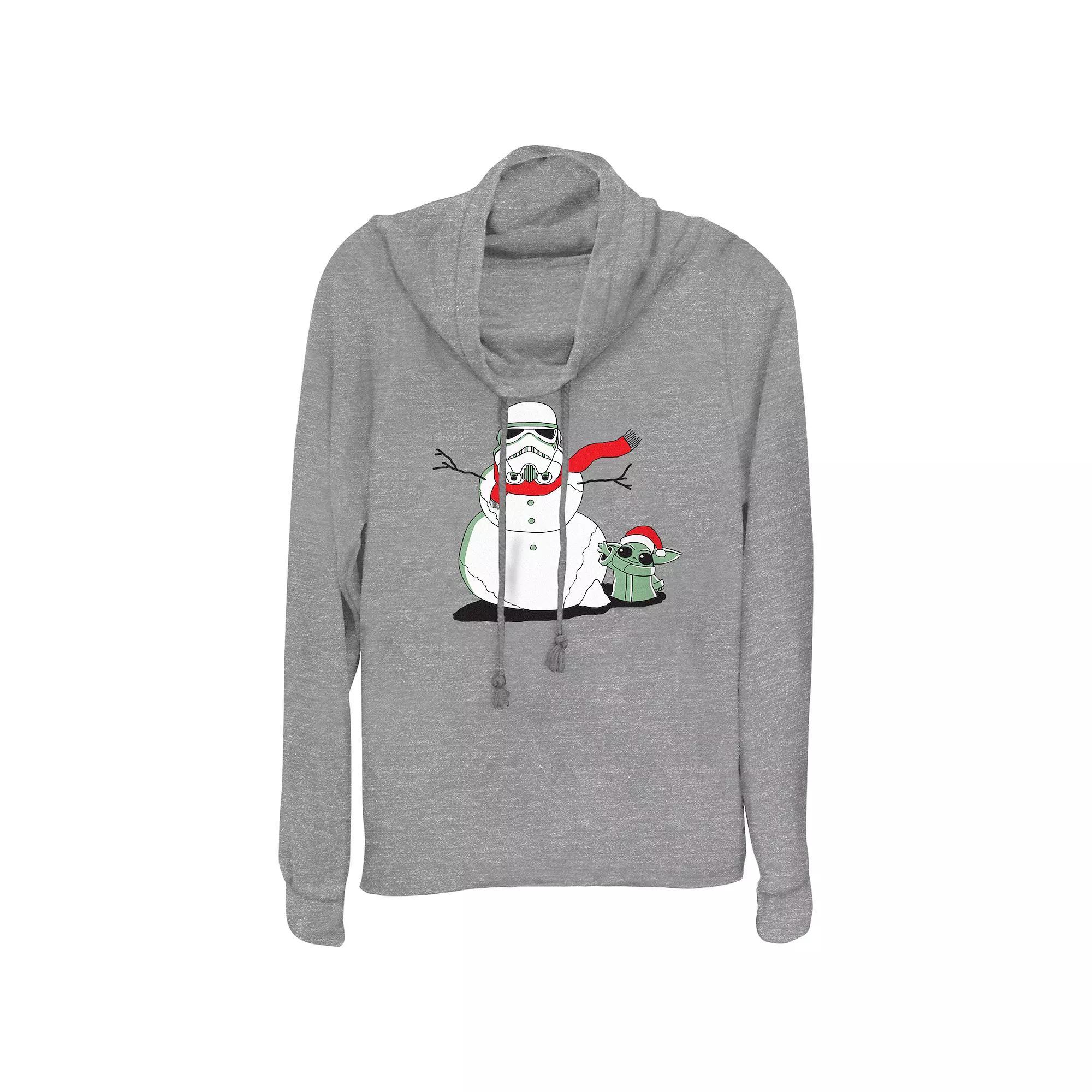 Womens Star Wars The Mandalorian Grogu And Storm Trooper The Snowman Cowlneck Graphic Lightweight Long Sleeve Gray Grey Product Image