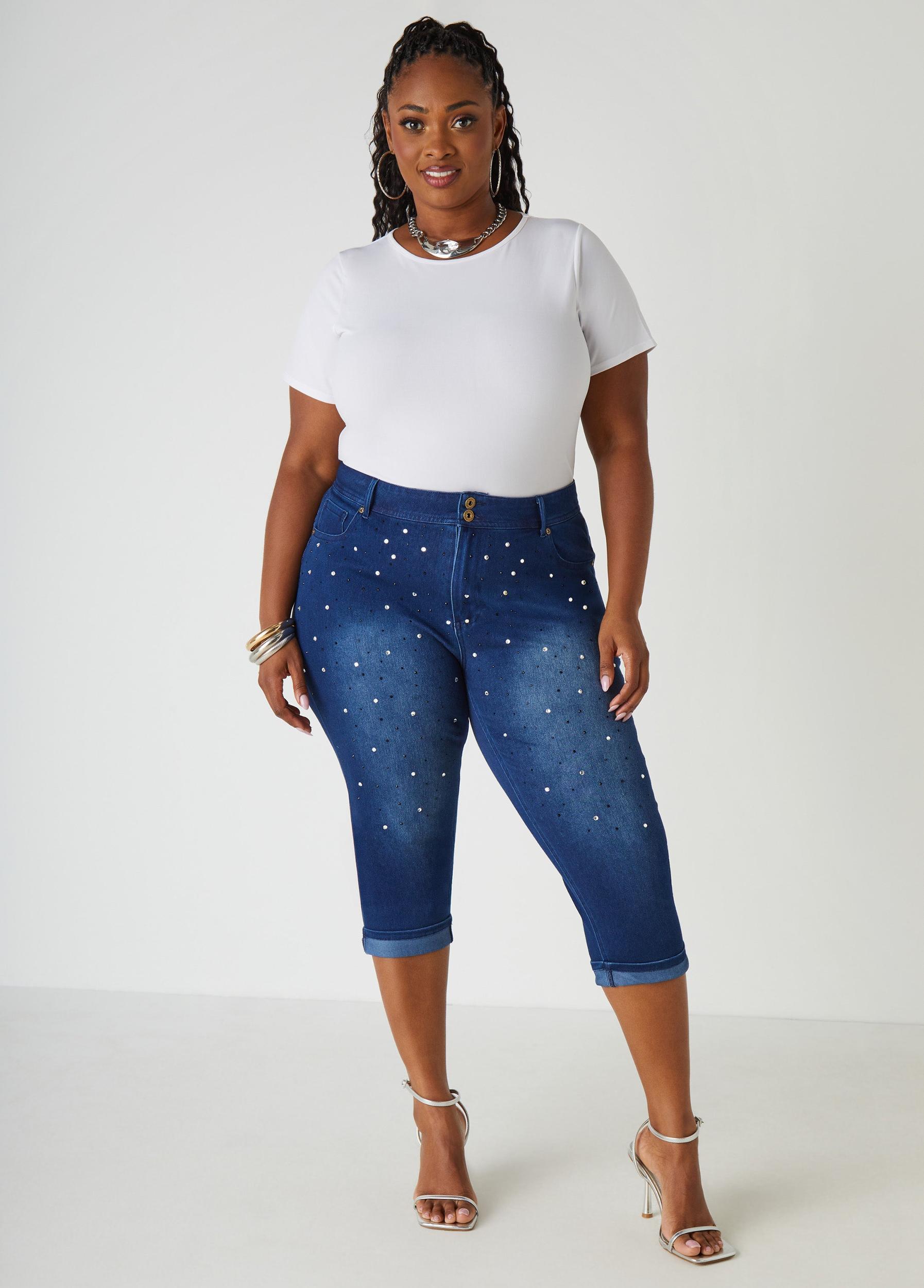 Cuffed Crystal Denim Capris Product Image