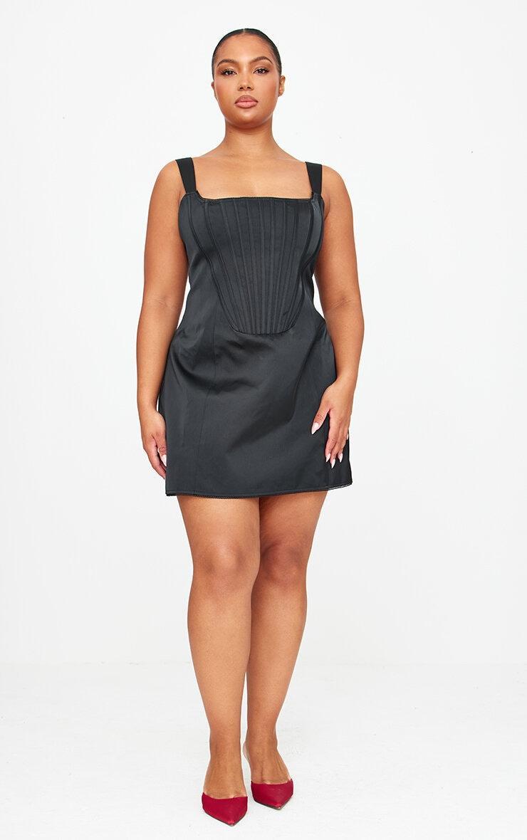 Plus Premium Black Woven Lace Back Corset Bodycon Dress Product Image