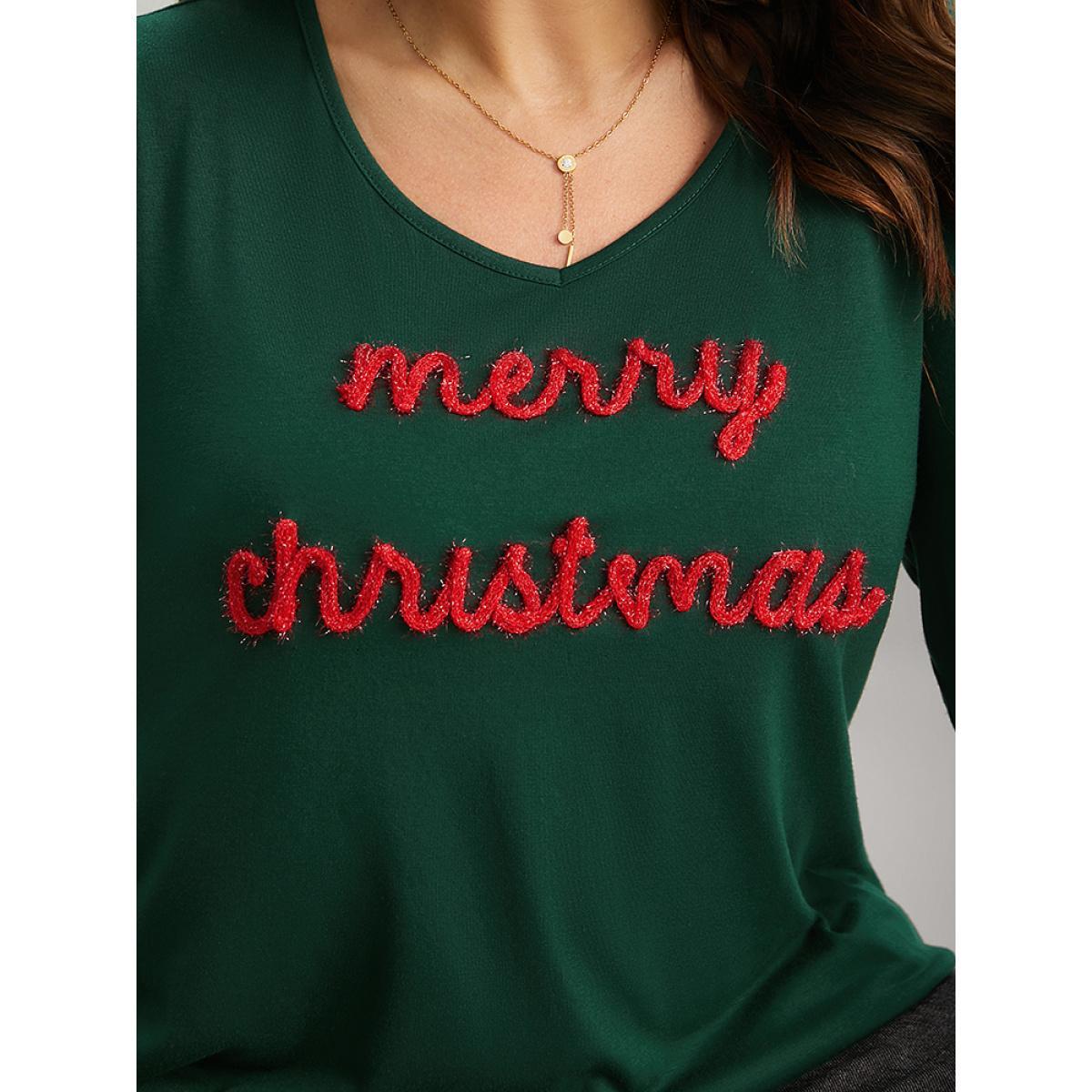 Plus Size Christmas Letter Embroidered Contrast T-shirt DarkGreen Women Casual Contrast Christmas Festival-Christmas T-shirts BloomChic 10/M Product Image