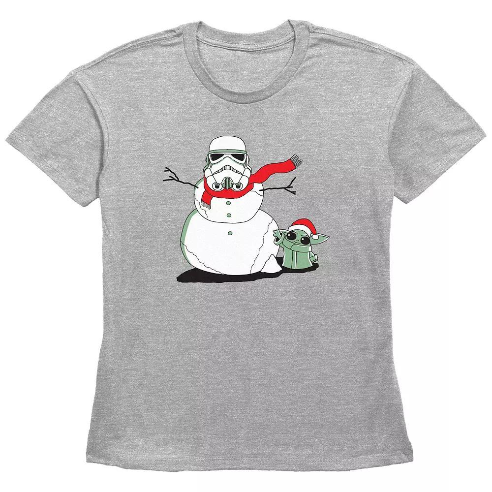Women's Star Wars The Mandalorian Grogu And Storm Trooper The Snowman Graphic Tee, Size: Small, Grey Gray Product Image