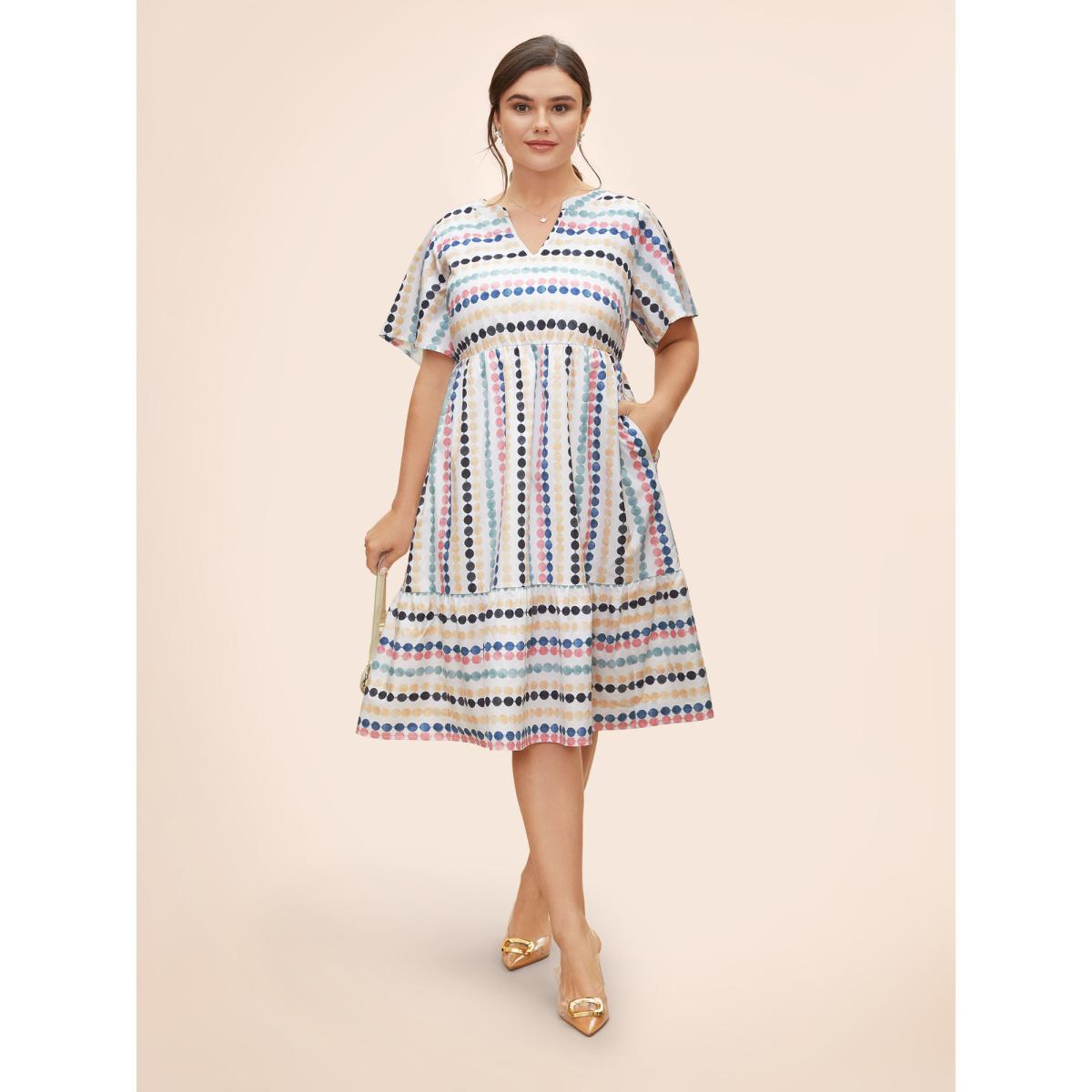Plus Size Dot Print Elastic Waist Split Neck Midi Dress WhiteSmoke Women Casual Ruffles Flat collar with V-notch Short sleeve Curvy BloomChic 26/4X Product Image
