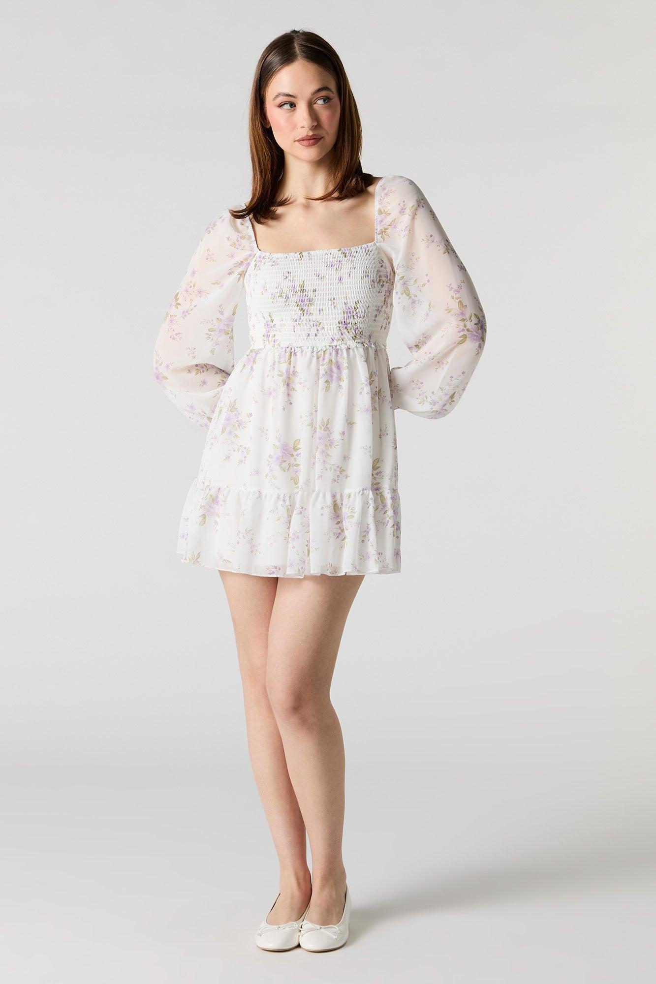 Floral Chiffon Smocked Long Sleeve Mini Dress Female Product Image