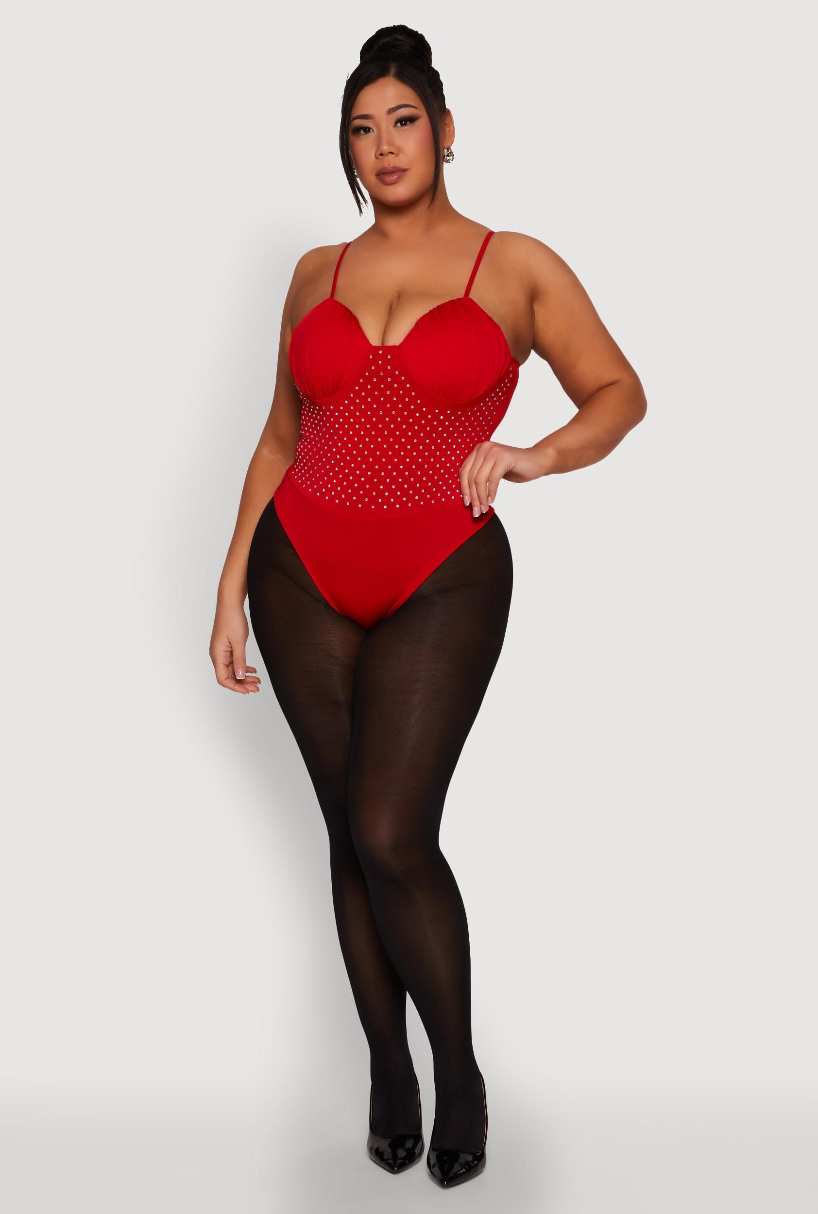 Womens Plus Size Rhinestone Ruched Padded Bustier Bodysuit Product Image