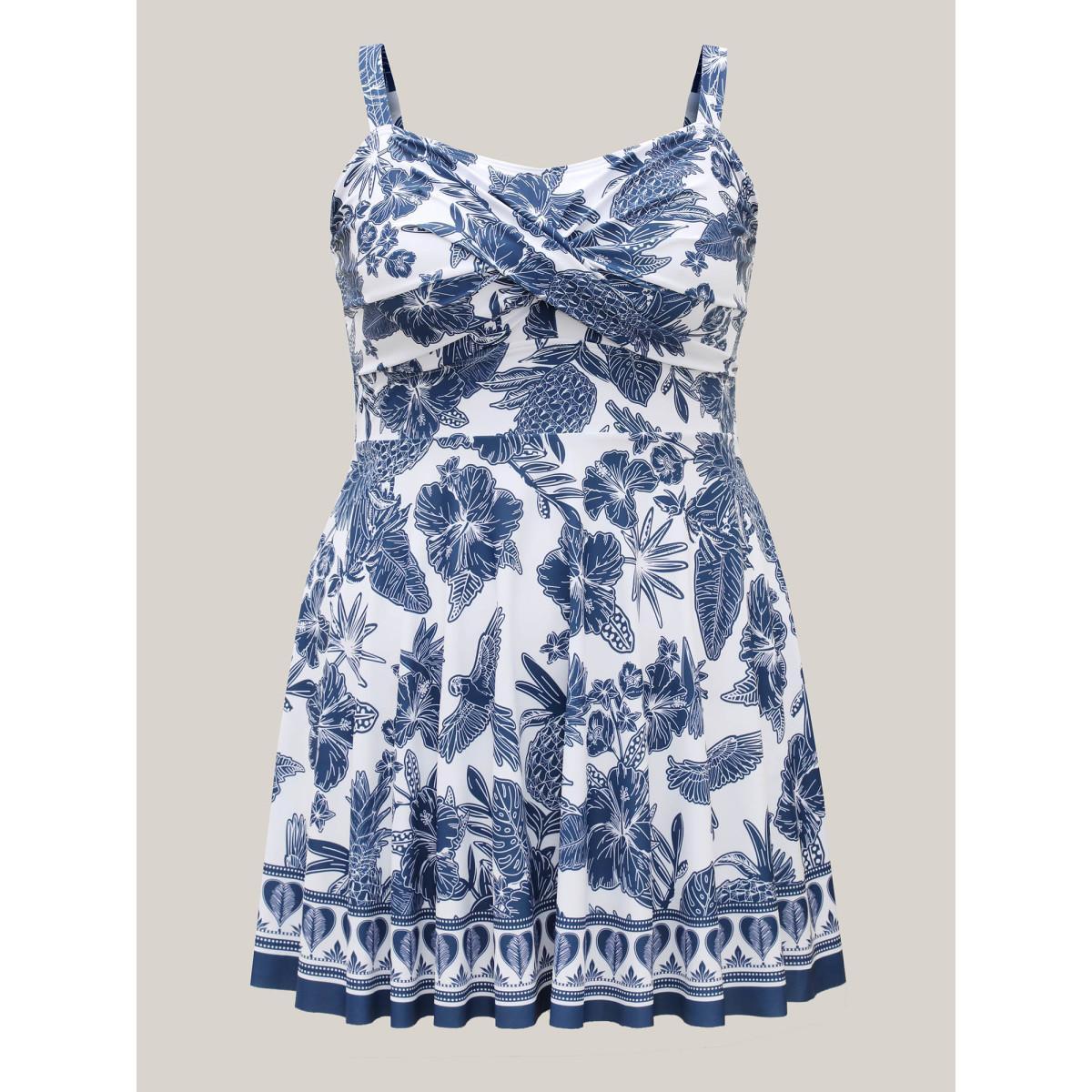 Plus Size Tropical Print Twist Front Swim Dress Women's Swimwear DarkBlue Beach Bodycon Heart neckline High stretch Curve Swim Dresses BloomChic 28/5X Product Image