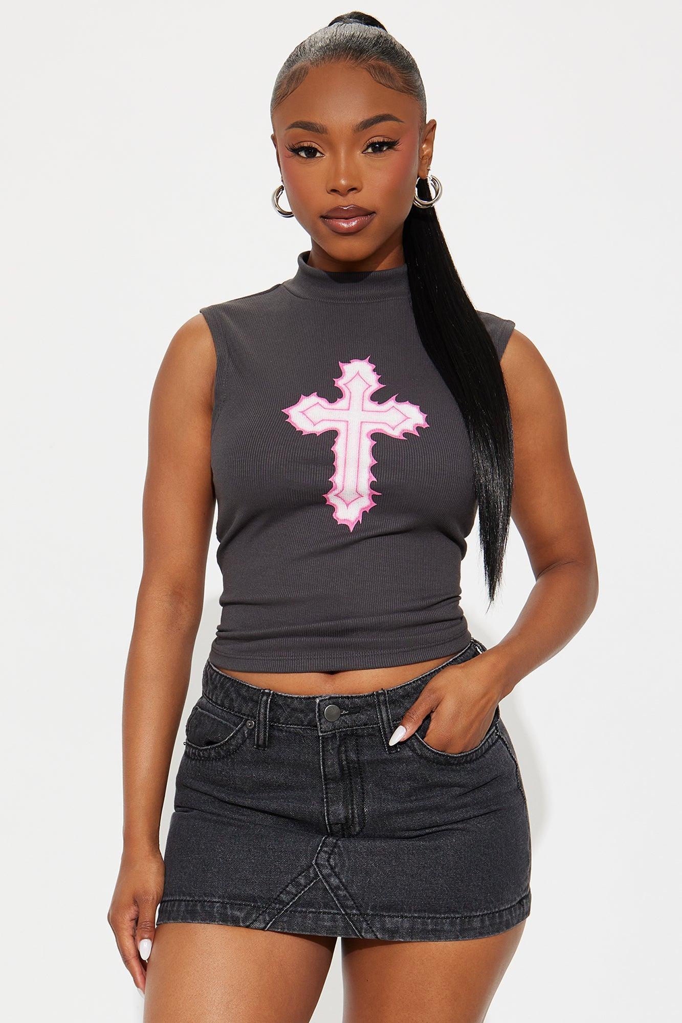 Edgy Cross Ribbed Top - Charcoal Product Image