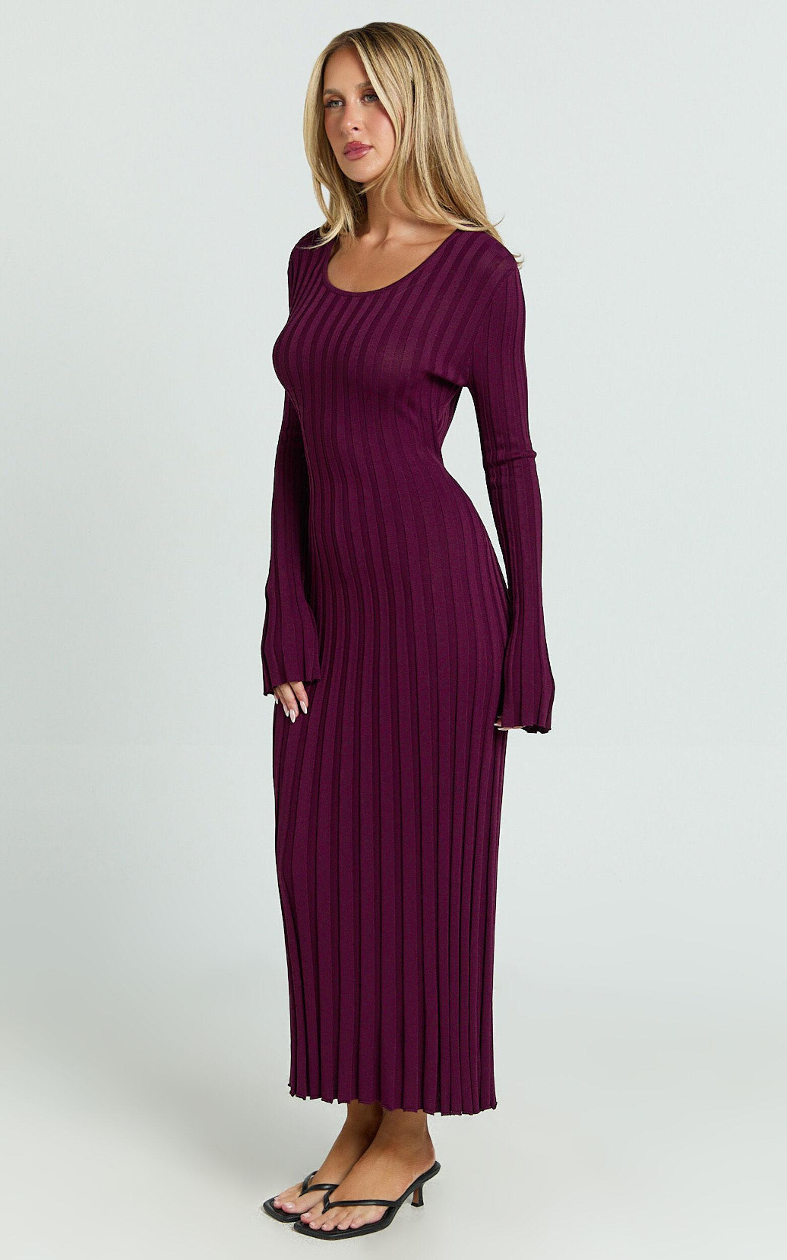 Blaire Midi Dress - Long Sleeve Tie Back Flare Dress in Wine Product Image