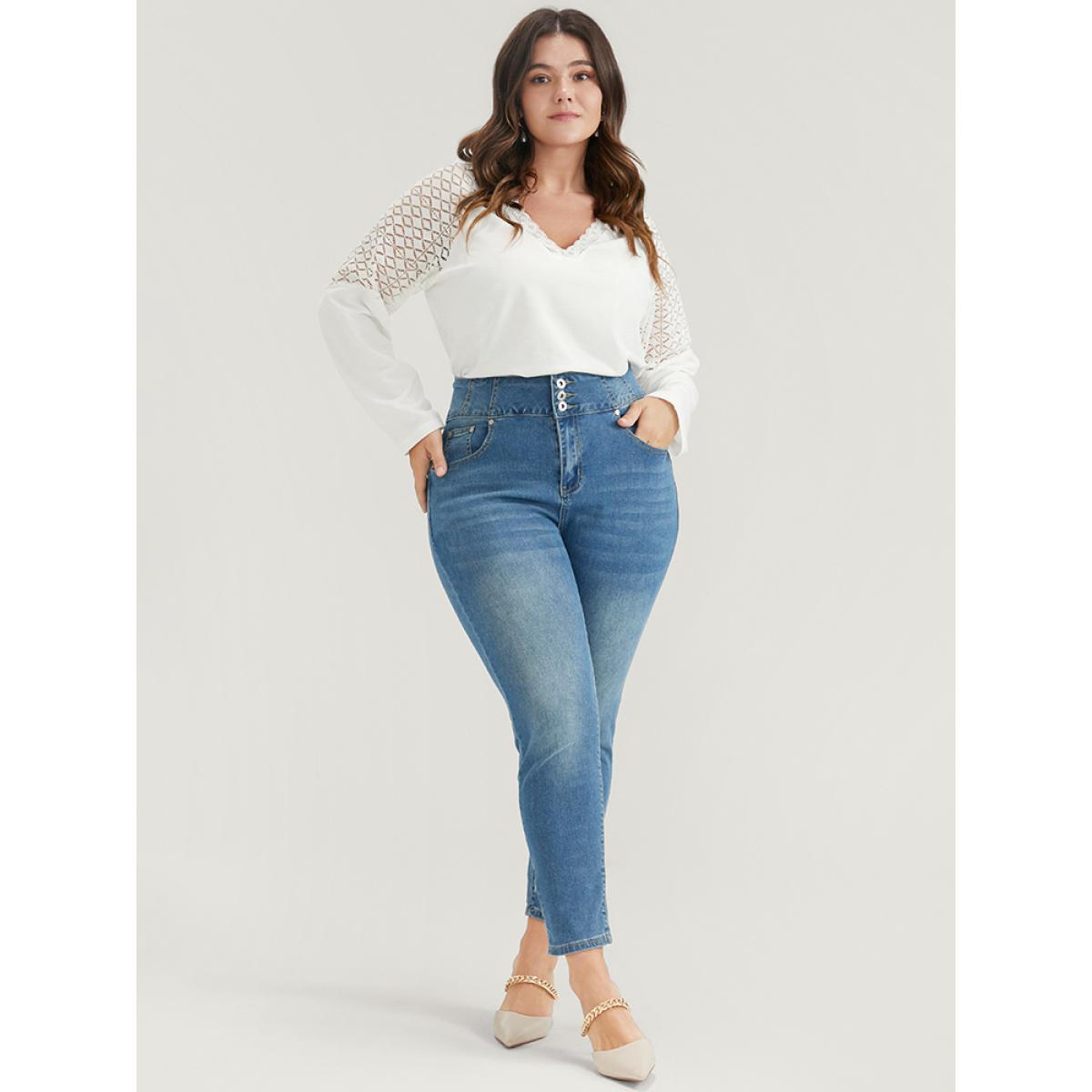 Plus Size Solid Contrast Lace	V Neck Long Tee White Women Elegant Patchwork Plain V-neck Dailywear T-shirts BloomChic 18-20/2X Product Image