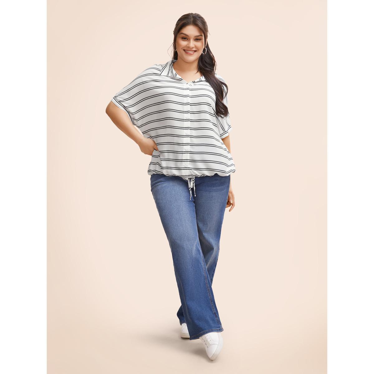 Plus Size Originalwhite Shirt Collar Striped Drawstring Dolman Sleeve Blouse Women Resort Half Sleeve Shirt collar Vacation Blouses BloomChic 26/4X Product Image